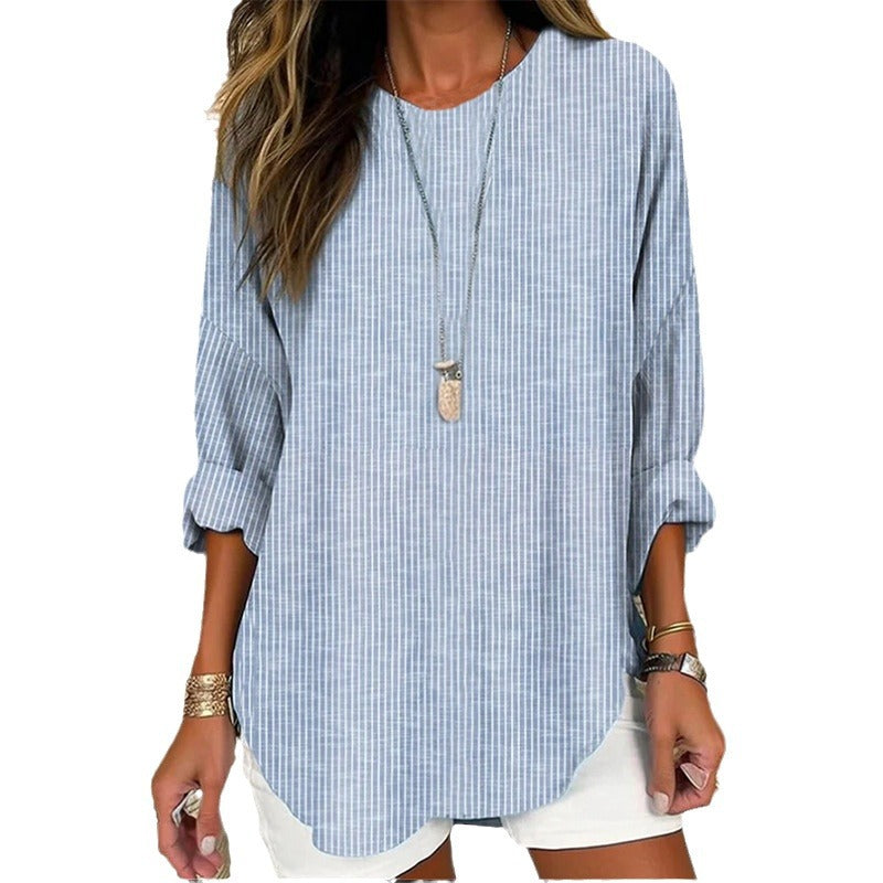 Women Casual Linen Look Long Blouse with Fine Stripes Mune Fashion
