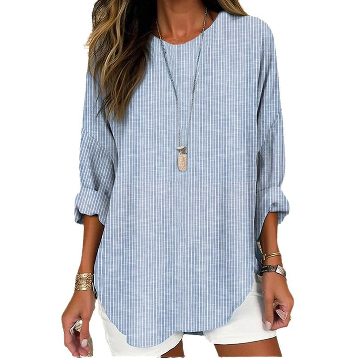 Women Casual Linen Look Long Blouse with Fine Stripes Mune Fashion