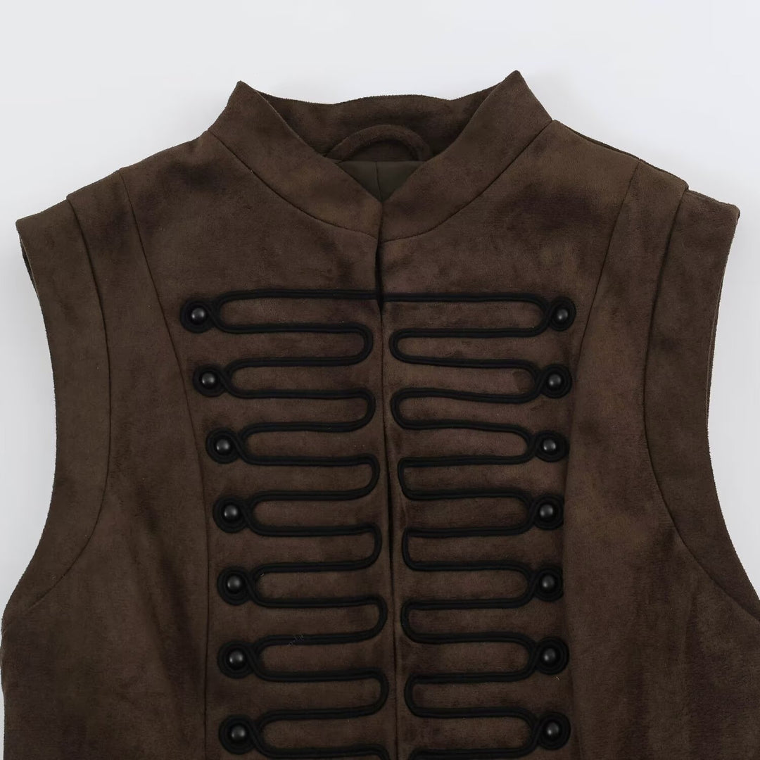 Women's Tailored Vest with Marshal Decoration and Stand-Up Collar Mune Fashion