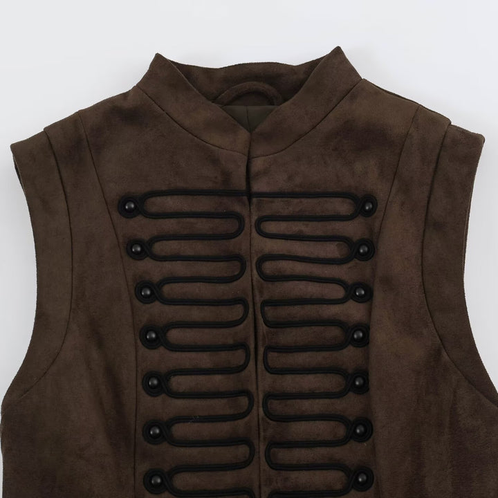 Women's Tailored Vest with Marshal Decoration and Stand-Up Collar Mune Fashion