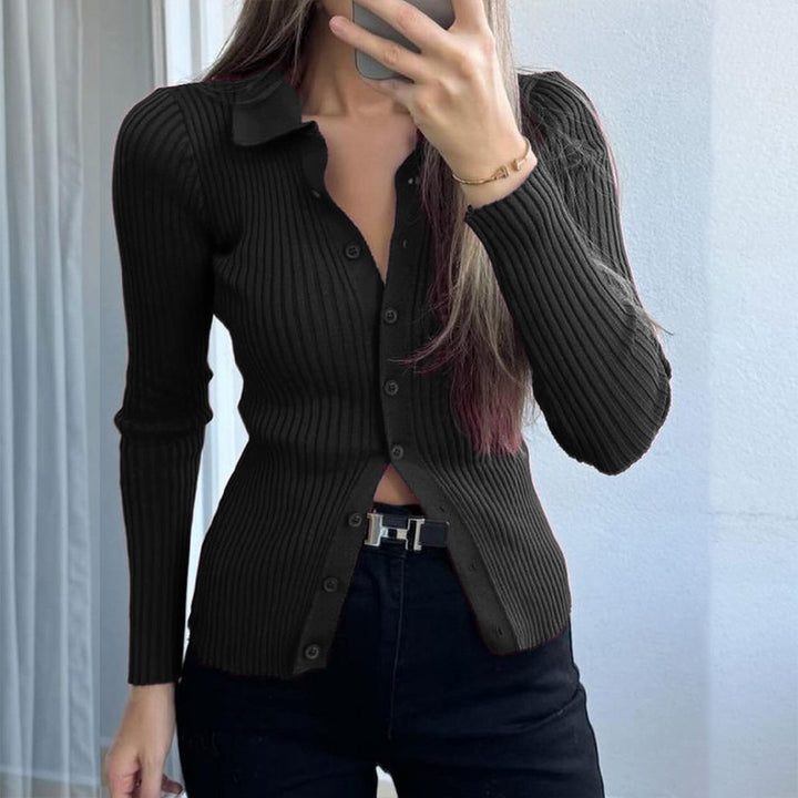 Women's tailored ribbed knit cardigan with concealed button placket and wavy hem Mune Fashion