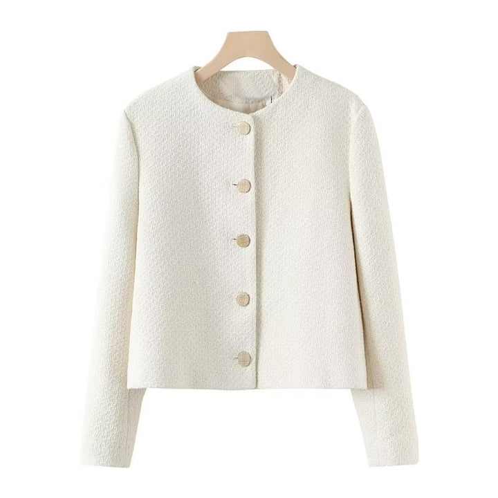 Women nan short bouclé jacket with round neck, boxy cut and golden decorative buttons Mune Fashion