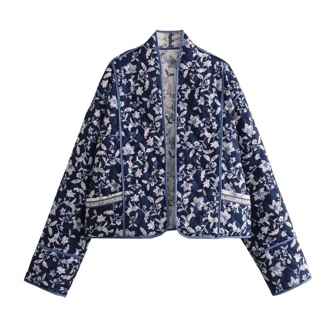 Ladies Quilted Short Jacket in Kimono Style with Floral Quilting and Contrast Piping Mune Fashion