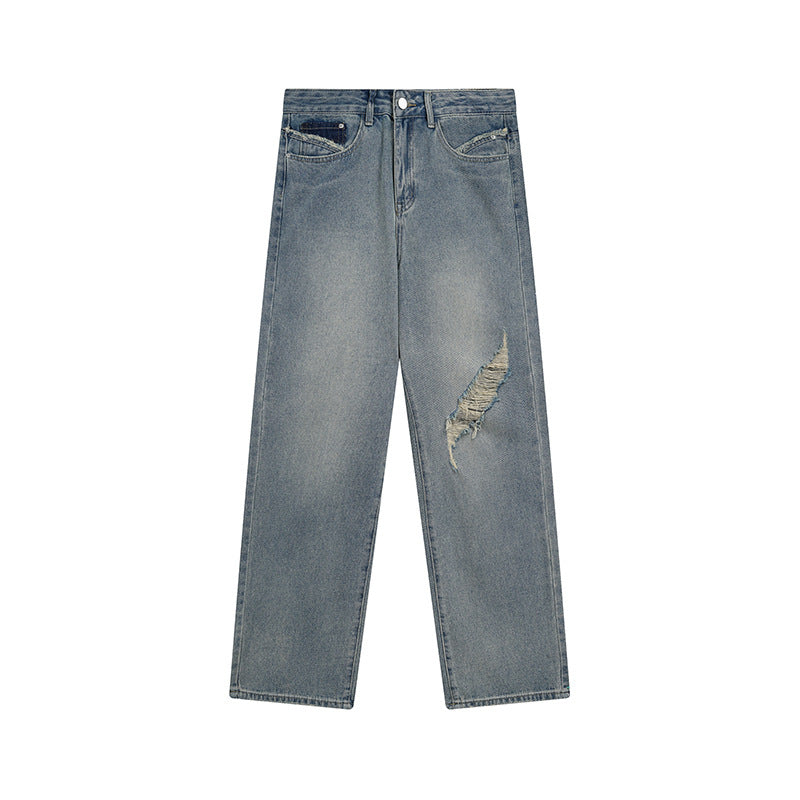 Women's Wide High-Cut Denim Jeans with Straight Leg and Destroyed Detail Mune Fashion