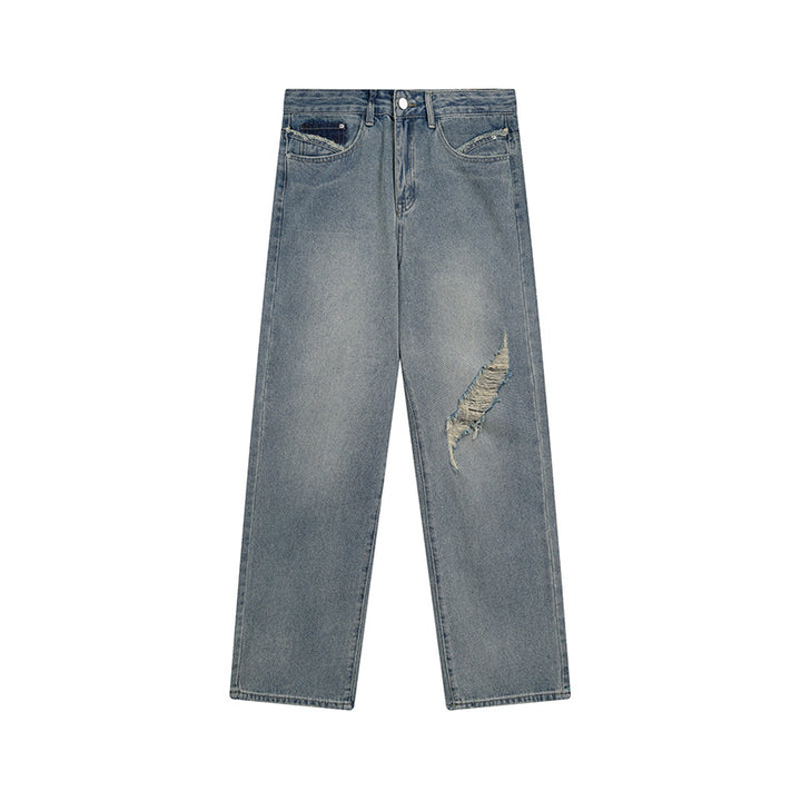 Women's Wide High-Cut Denim Jeans with Straight Leg and Destroyed Detail Mune Fashion