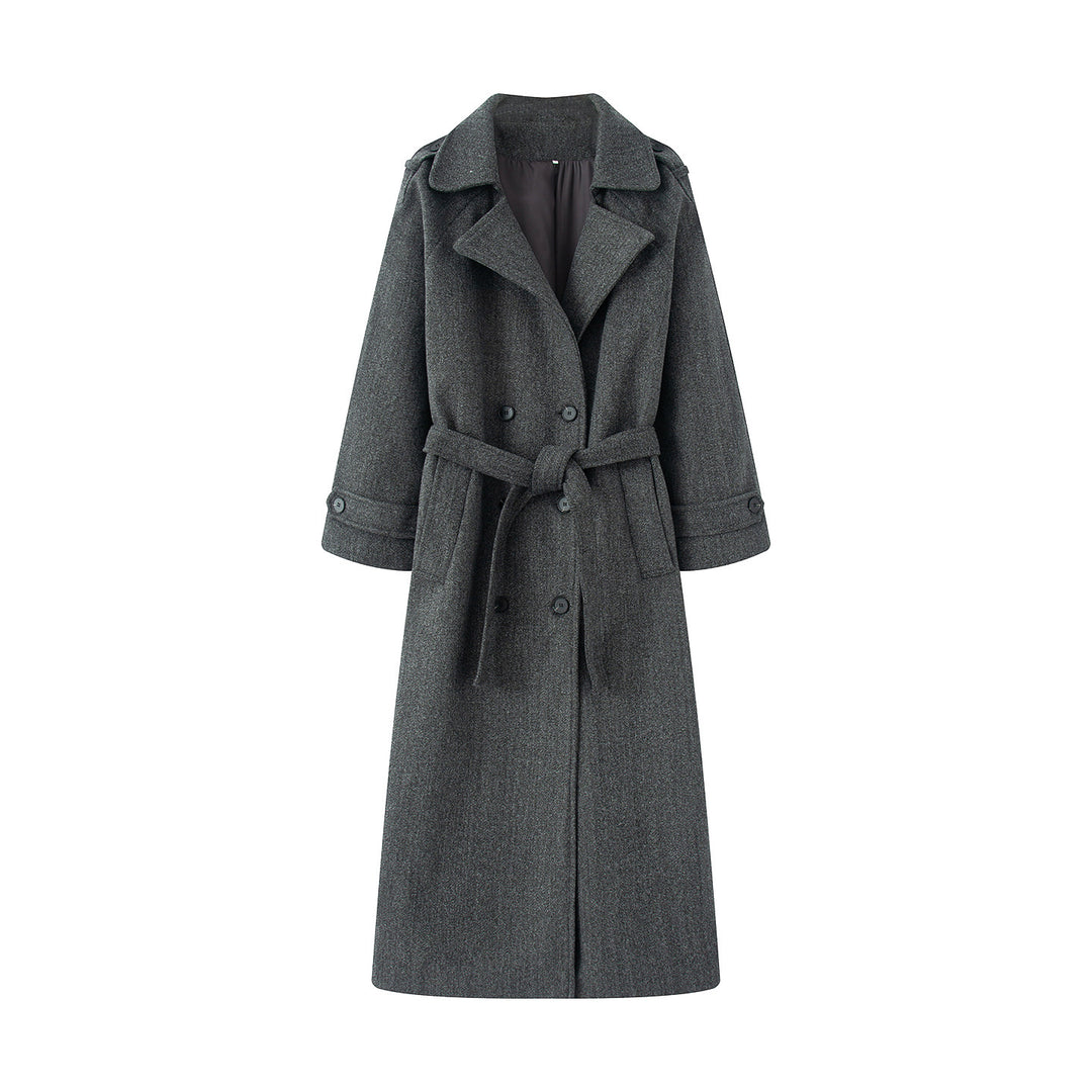 Women's longer wool blend trench coat with shawl collar, waist belt, and double-breasted button placket Mune Fashion