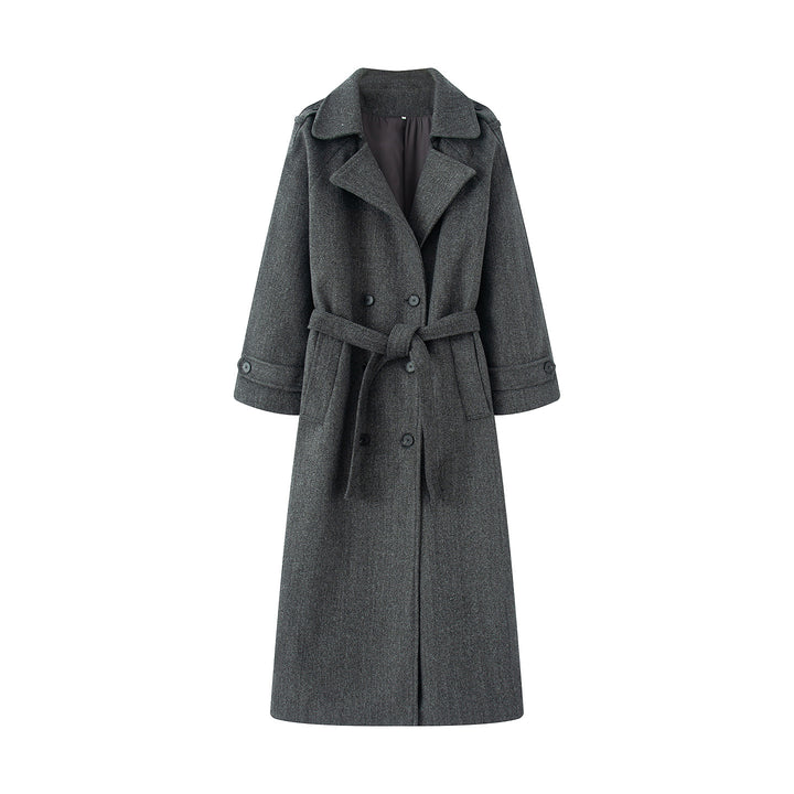 Women's longer wool blend trench coat with shawl collar, waist belt, and double-breasted button placket Mune Fashion
