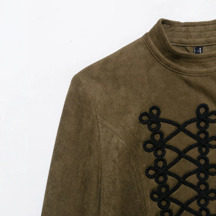 Ladies Tailored Cropped Suede Blouson with Military Cord Application and Stand Collar Drune