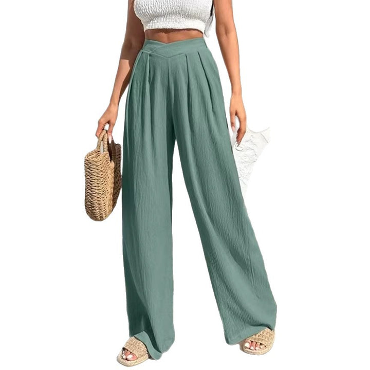 Women's High-Waist Linen Trousers with Wide Leg and Pleats Drune