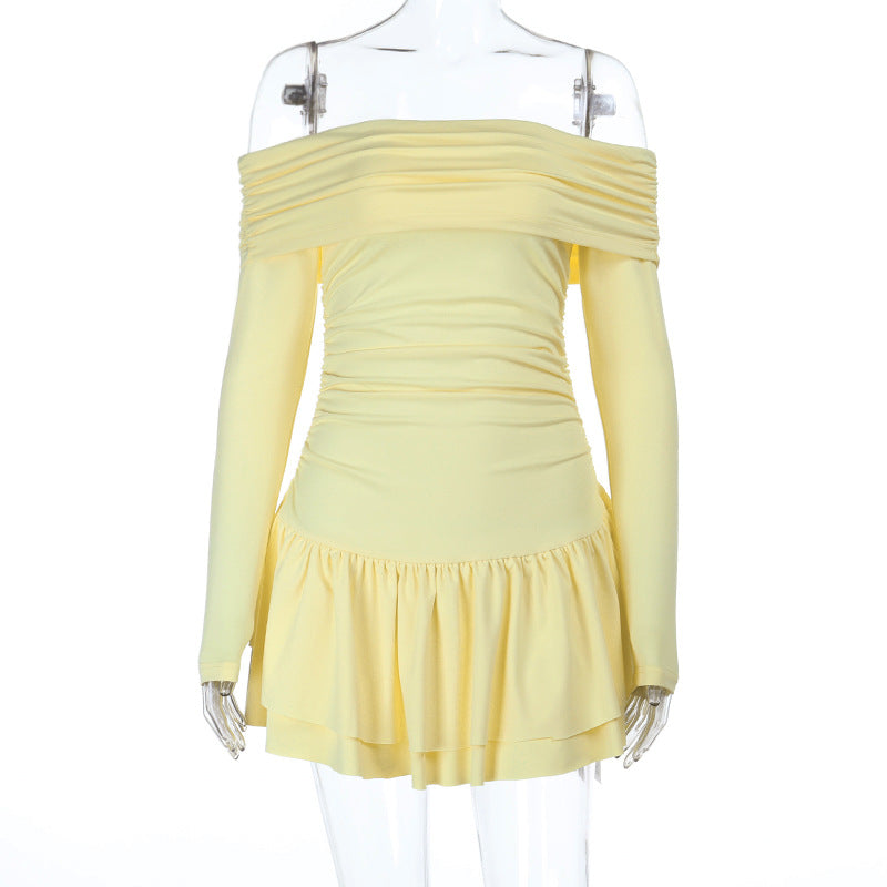 Damen Bardot-Minikleid mit Raffung, langen Ärmeln und Volantrock Mune Fashion