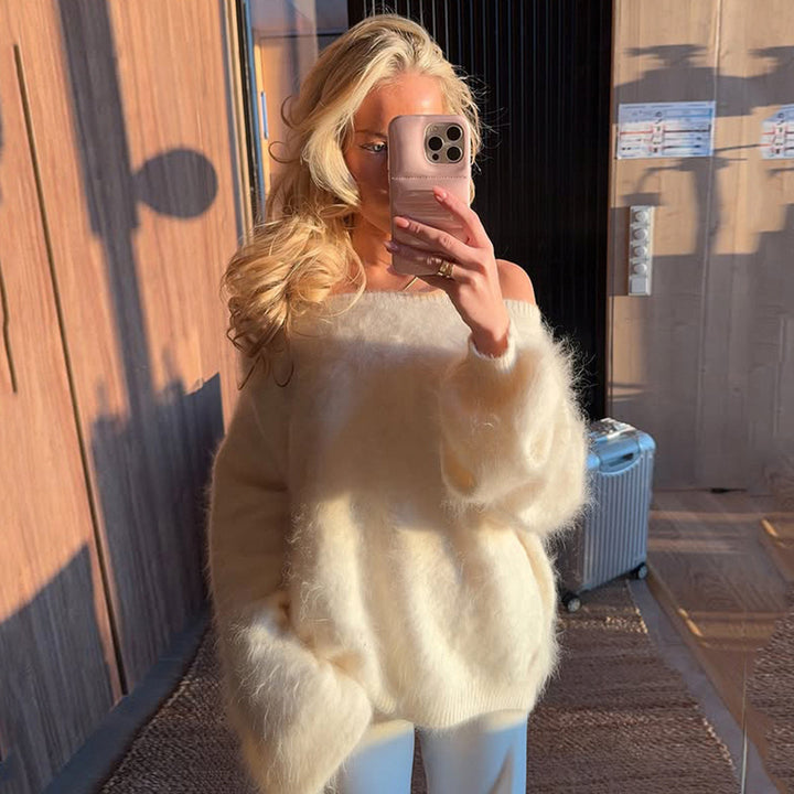 Women’s oversized fluffy mohair blend off-shoulder sweater with balloon sleeves Mune Fashion