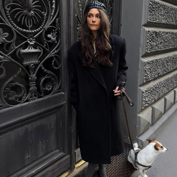 Women's Maxi Length Wool Blend Coat in Oversized Cocoon Cut with Distinctive Shoulder Line Mune Fashion