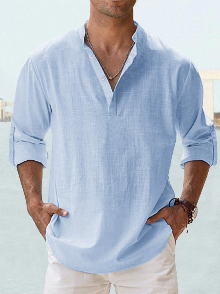 Men's nan casual linen henley shirt with stand-up collar, roll-up sleeves, and rounded hem Mune Fashion