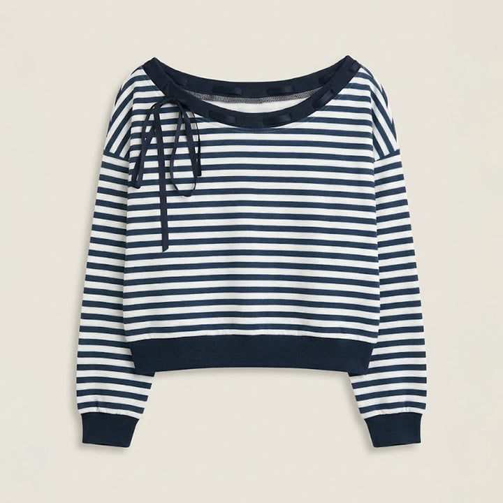 Women's oversized sweatshirt in marine look with off-shoulder, button placket and satin bows Mune Fashion