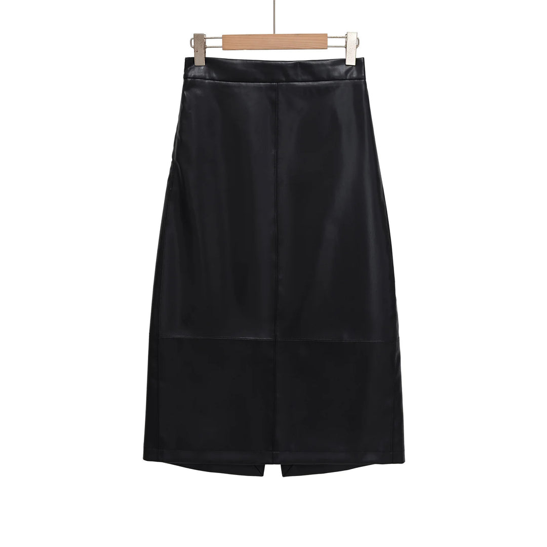 Women's tailored midi skirt in leather look with a high waistband, dividing seams, and back slit Mune Fashion