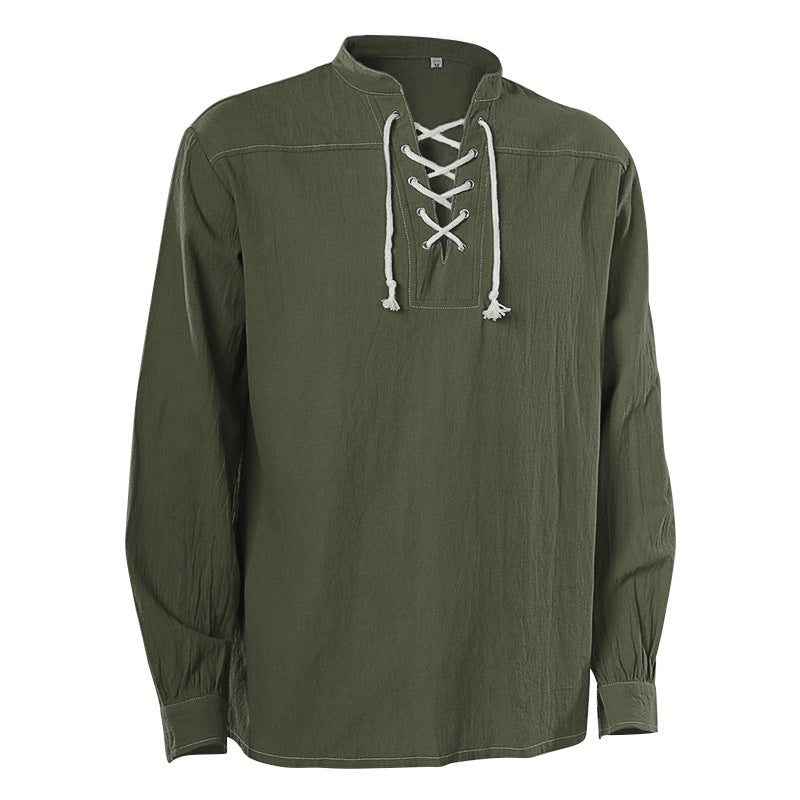 Men's casual short-sleeve shirt with laced V-neck, short stand-up collar, and soft cotton blend Mune Fashion