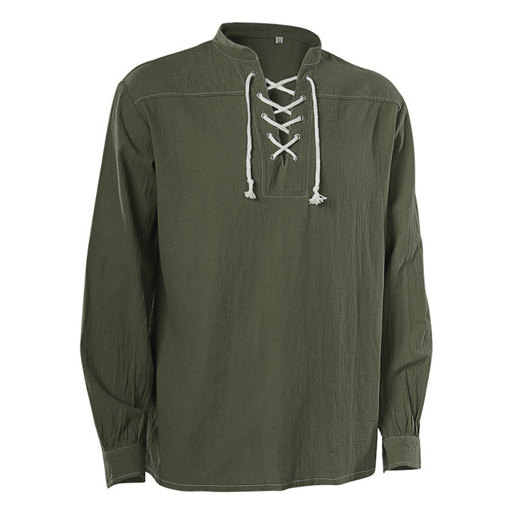 Men's casual short-sleeve shirt with laced V-neck, short stand-up collar, and soft cotton blend Mune Fashion