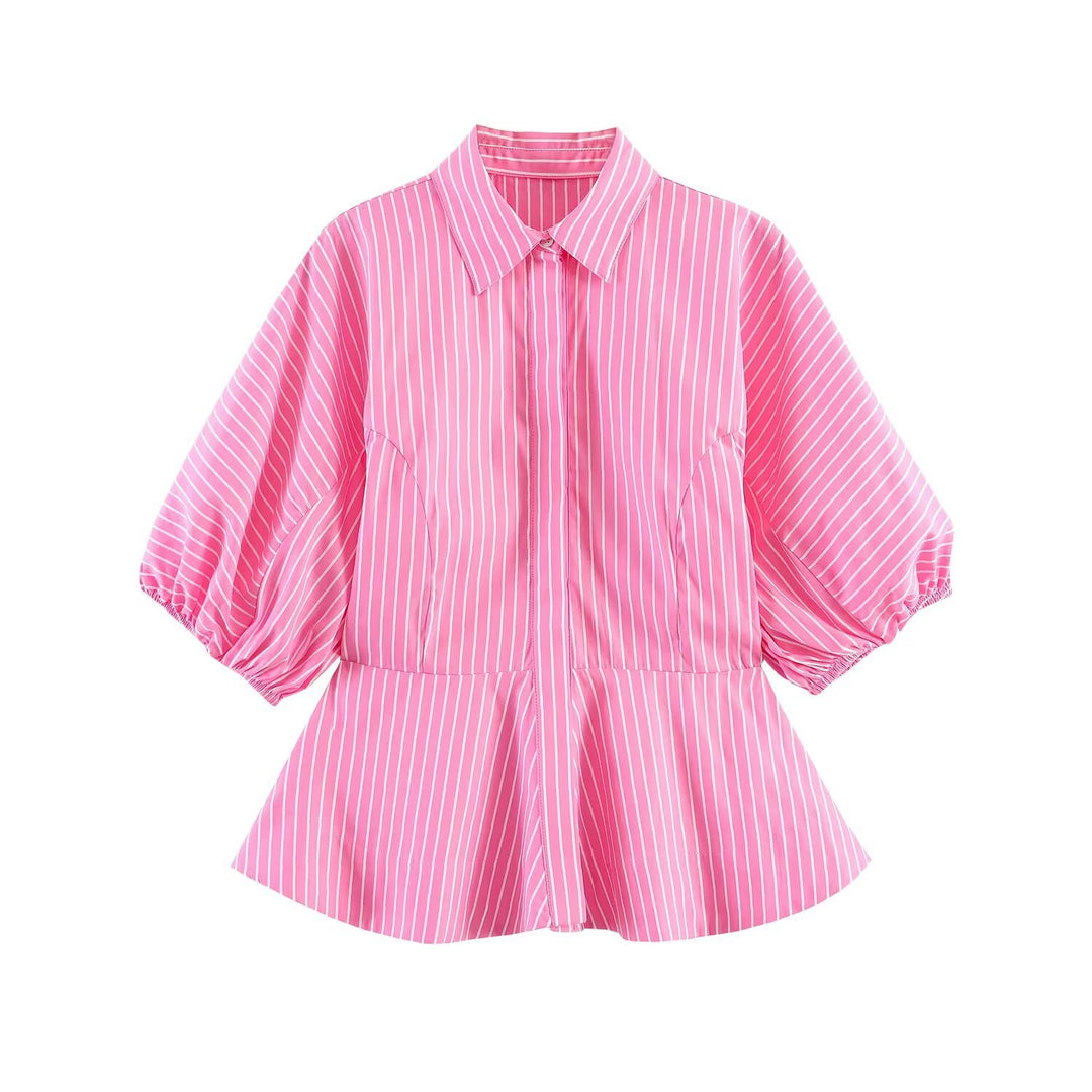 Women's Striped Peplum Blouse with Balloon Sleeves and Shirt Collar Mune Fashion
