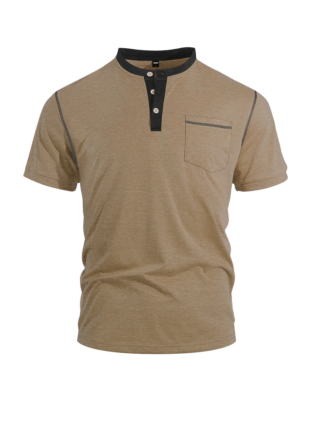Men's short-sleeve band collar shirt with button placket, chest pocket, and flatlock seams Mune Fashion