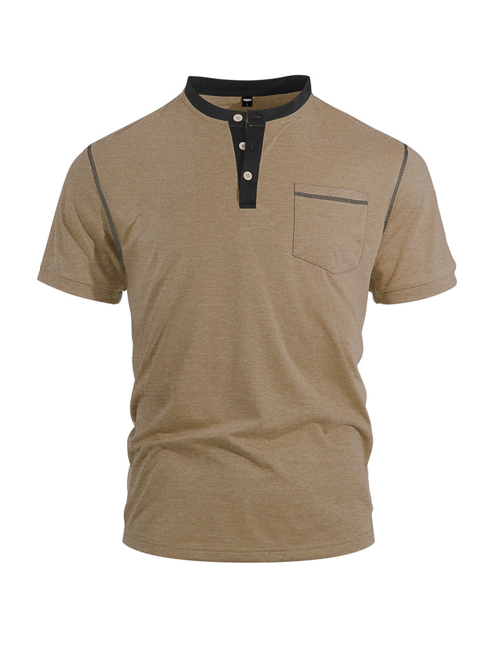 Men's short-sleeve band collar shirt with button placket, chest pocket, and flatlock seams Mune Fashion