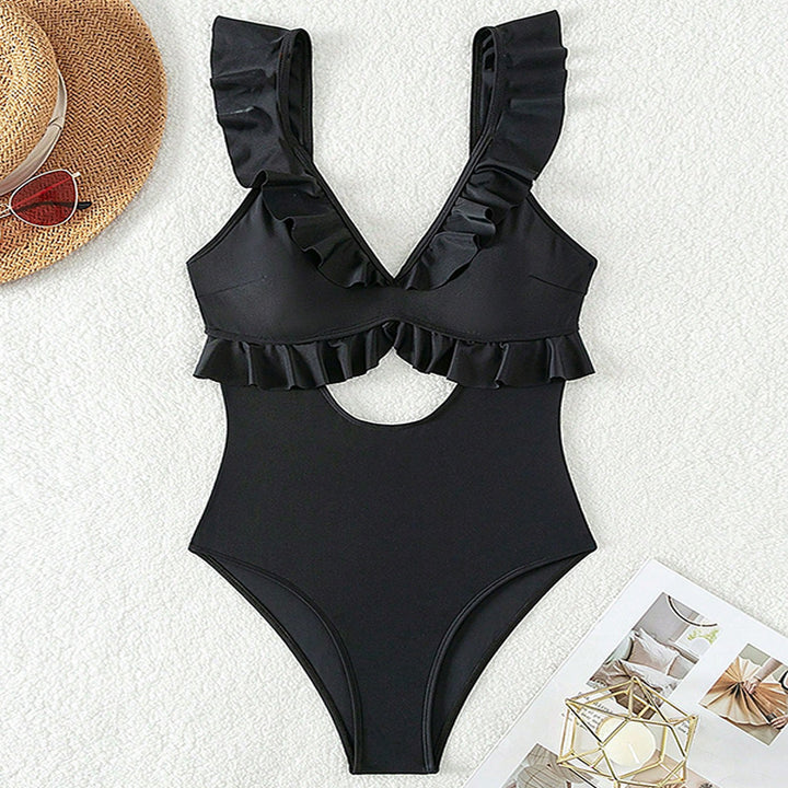 Women's one-piece swimsuit with playful ruffles and deep V-neck Mune Fashion