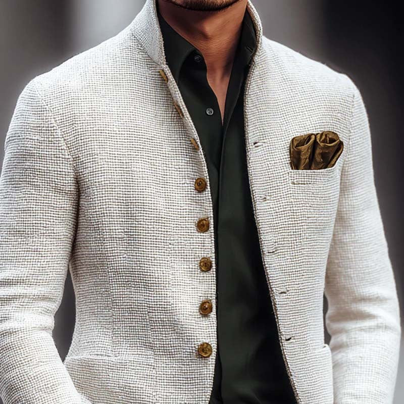 Men's Structured Linen Blazer with Stand Collar and Decorative Button Row Mune Fashion