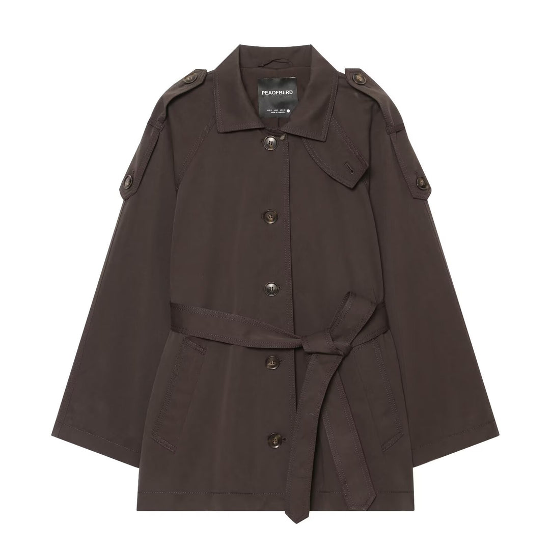 Women's Tailored Cape Trench Coat with Tie Belt and Shoulder Epaulets Mune Fashion