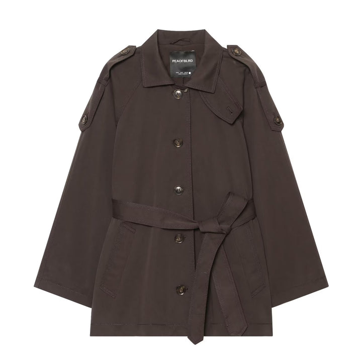 Women's Tailored Cape Trench Coat with Tie Belt and Shoulder Epaulets Mune Fashion
