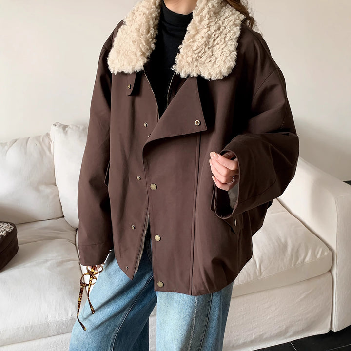 Women Oversize Utility Jacket with High Teddy Collar and Snap Button Placket Mune Fashion