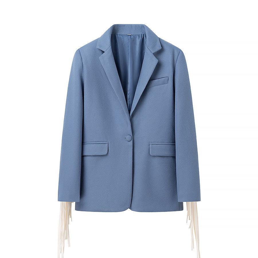 Women Oversize Blazer with Long Fringes and Decorative Seams Mune Fashion