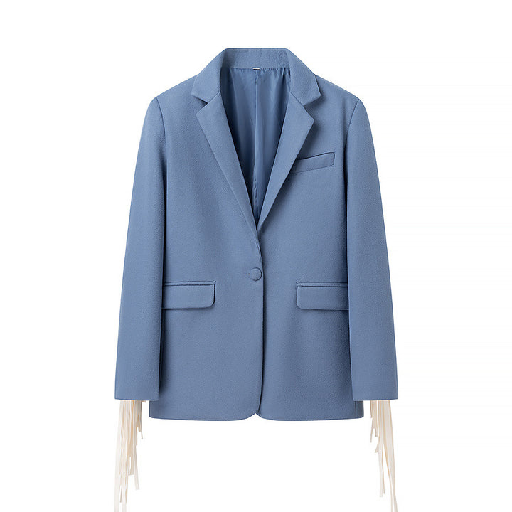 Women Oversize Blazer with Long Fringes and Decorative Seams Mune Fashion