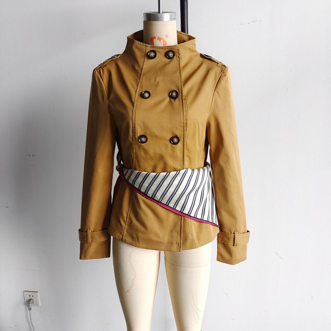 Women's nan short tailored double-breasted trench with stand-up collar and silk scarf belt Mune Fashion