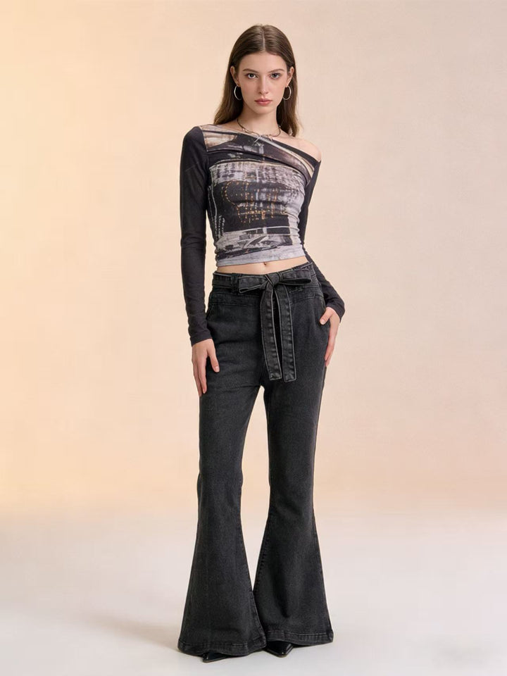 Women's High-Waist Denim Pants with Bow Tie, High Waist and Wide Flare Mune Fashion