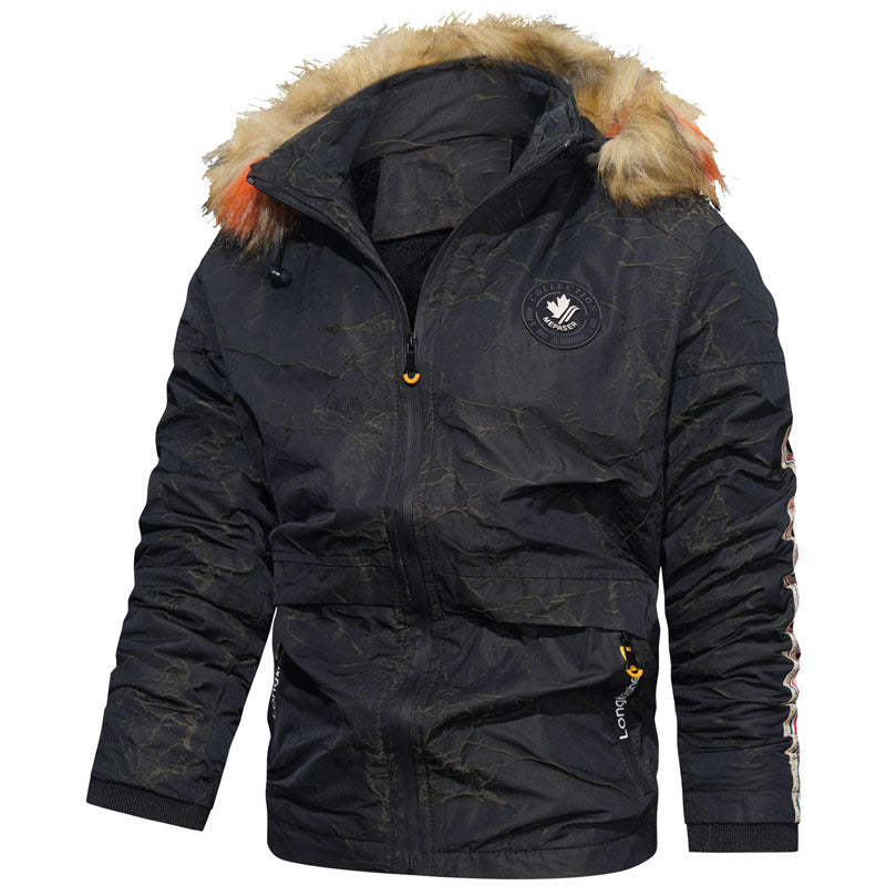 Men's quilted hooded jacket in field parka style with faux fur trim and sleeve stripe Mune Fashion