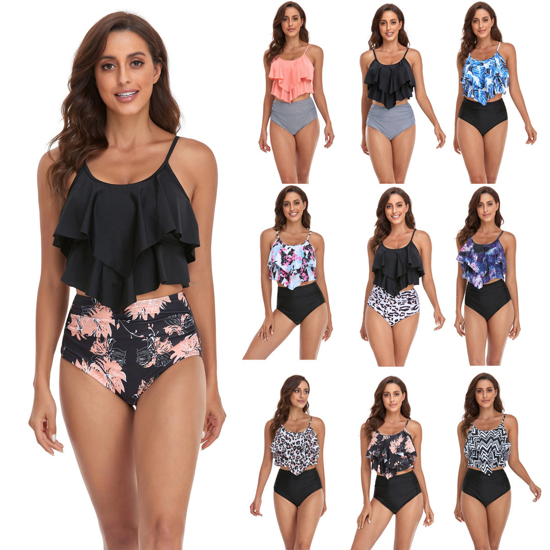 Women's tankini set with flowing ruffle design and figure-hugging bikini bottom Mune Fashion