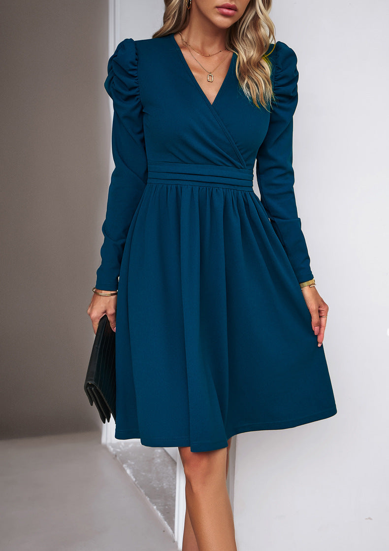 Women's wrap dress with V-neck, gathered puff sleeves, and fitted pleated skirt Drune