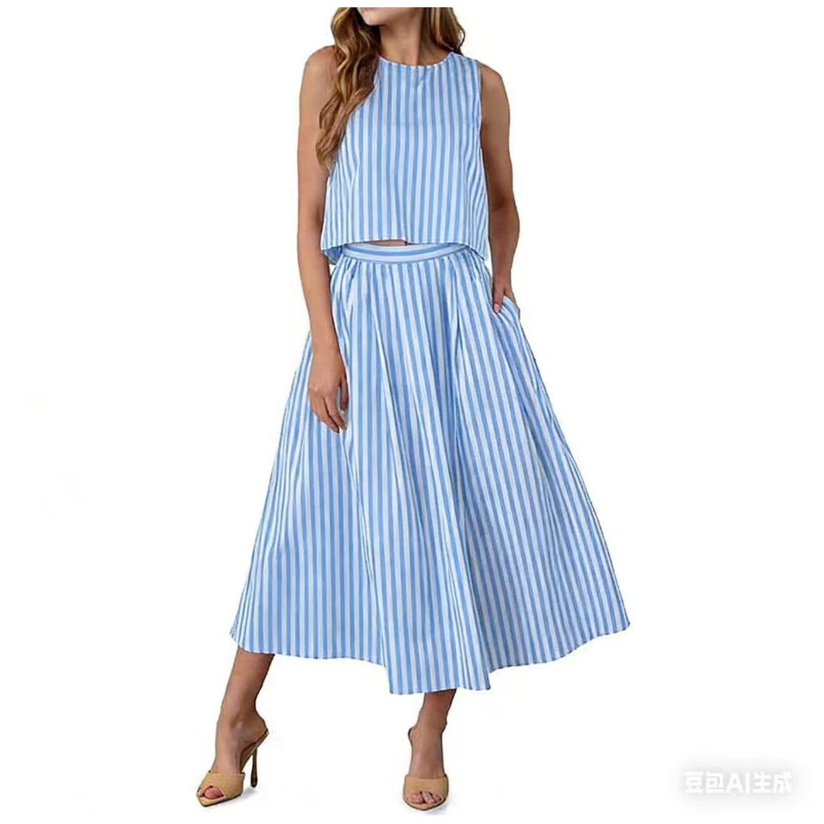 Women's Sleeveless Midi Dress with High Waist and Flared Pleated Skirt Mune Fashion