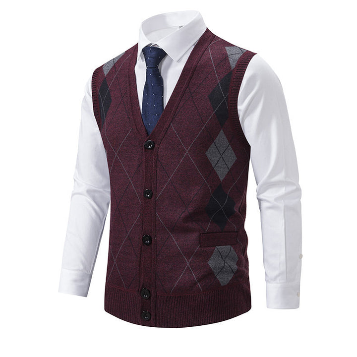 Men's Sleeveless Diamond Knit Vest with V-Neck and Button Placket Mune Fashion