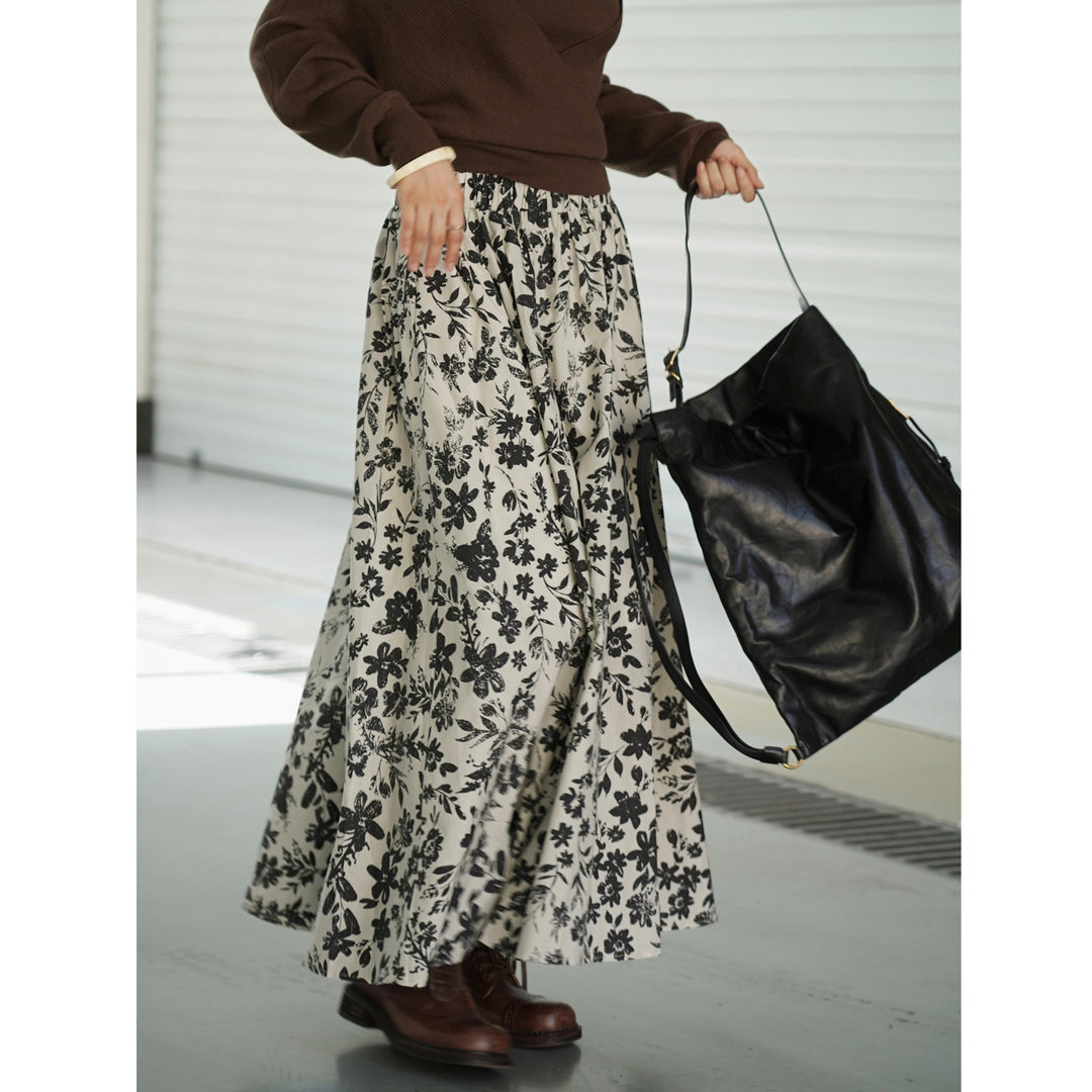 Women's Wide Midi Skirt with Gathered Waistband and Floral Pattern Mune Fashion