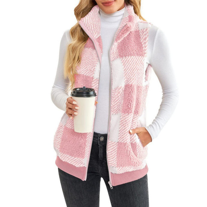 Ladies Checked Teddy Vest with Stand-Up Collar, Zipper and Side Pockets Mune Fashion