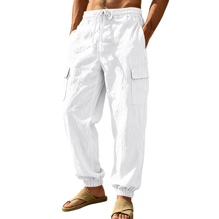 Men's lightweight cargo jogger pants made of linen blend with elastic drawstring waistband, patch flap pockets, and ribbed leg cuffs Mune Fashion