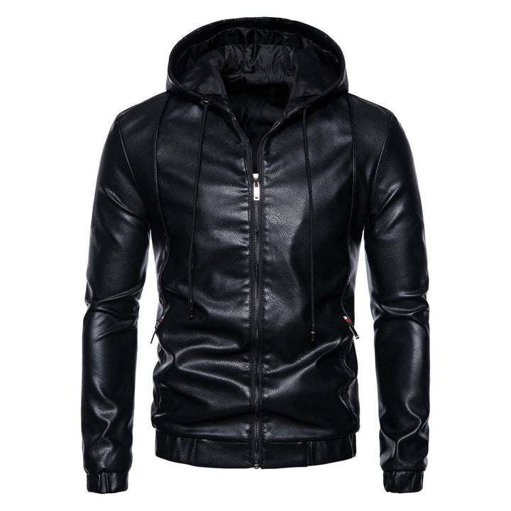 Men's Hooded Leather Jacket in Biker Style with Zipper and Slim Silhouette Mune Fashion