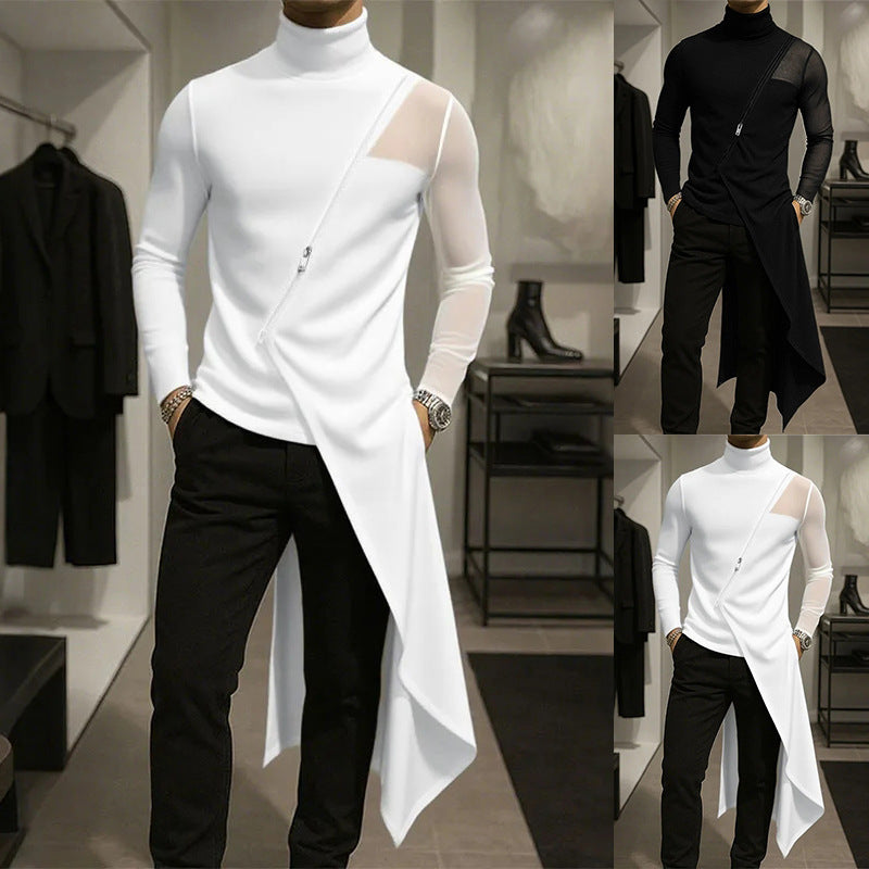 Ladies avant-garde long shirt with diagonal zipper, stand-up collar and irregular pointed hem Mune Fashion