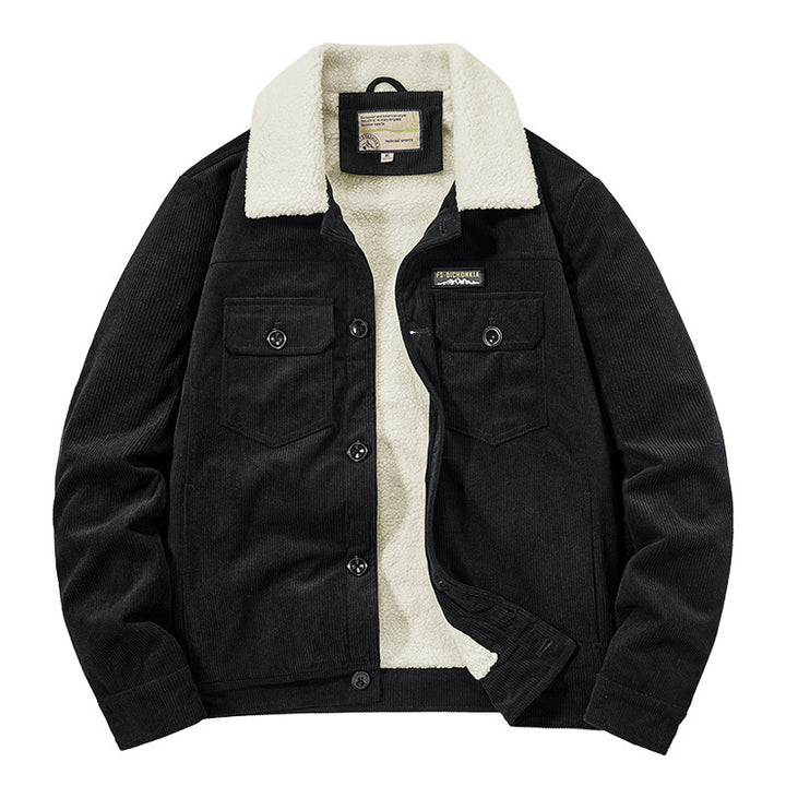 Men's Corduroy Work Jacket with Sherpa Lining, Notched Collar and Snap Button Placket Mune Fashion