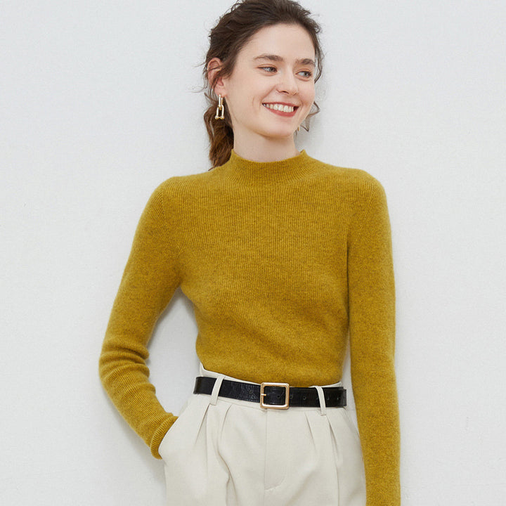 Women Lightweight fitted mock neck pullover in cashmere-like mohair look with fine ribbed texture Mune Fashion