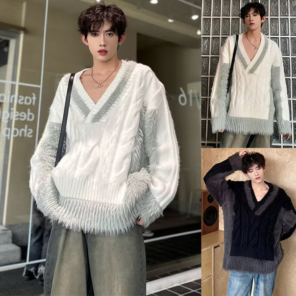 Men's Luxurious Chunky Knit Sweater with Deep V-Neck Mune Fashion