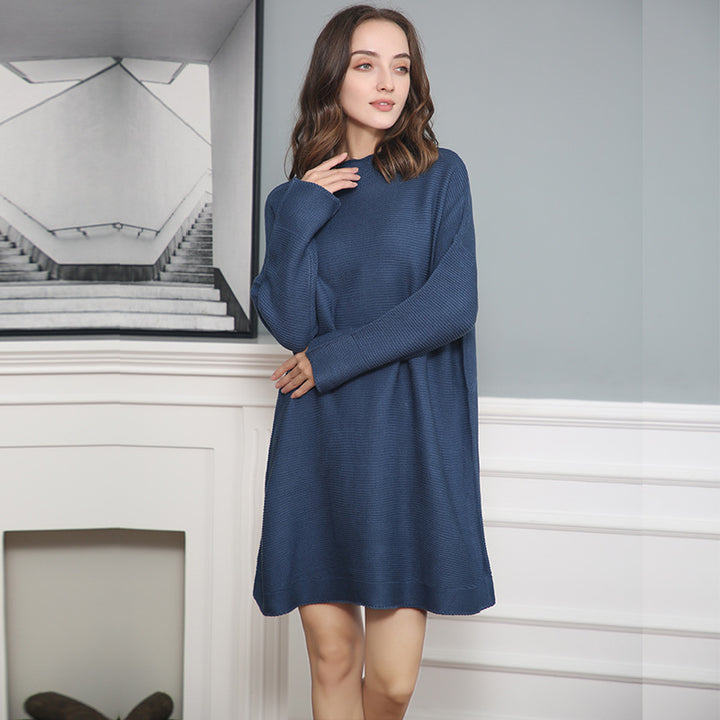 Women Oversize Knit Tunic with Short Stand-up Collar and Dropped Shoulder Mune Fashion