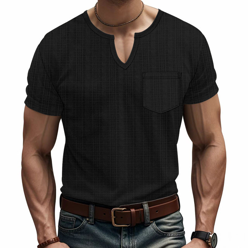 Men's short-sleeve shirt with V-slit neckline and patch chest pocket made of textured jersey Mune Fashion