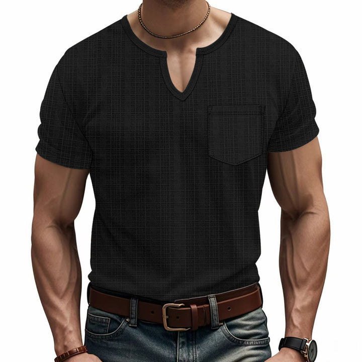 Men's short-sleeve shirt with V-slit neckline and patch chest pocket made of textured jersey Mune Fashion