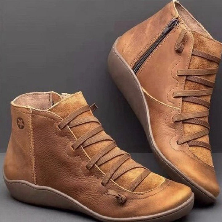 Women's Ankle-Height Comfort Boots with Elastic Decorative Lacing and Side Zipper Mune Fashion